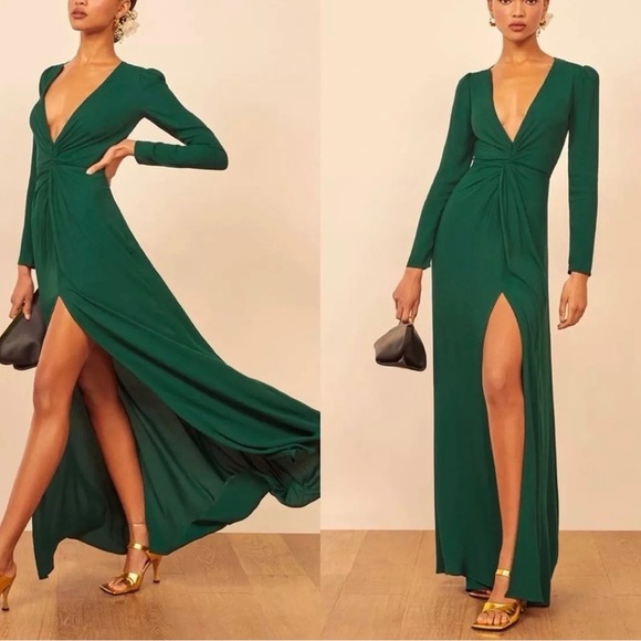 Reformation Gatsby Dress emerald dark green Size 2 deep v neck - Picture 3 of 12